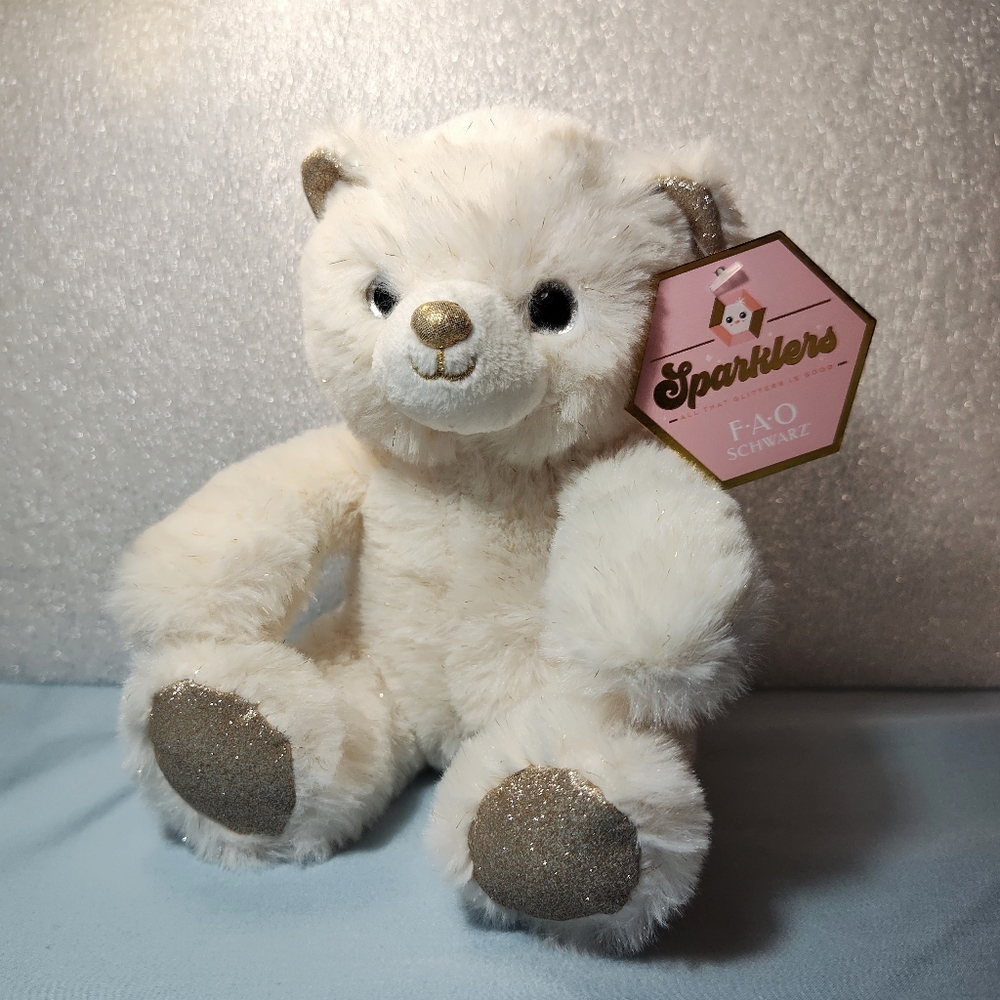 NWT FAO Schwarz Sparklers Bear Plush 7" gold + cream